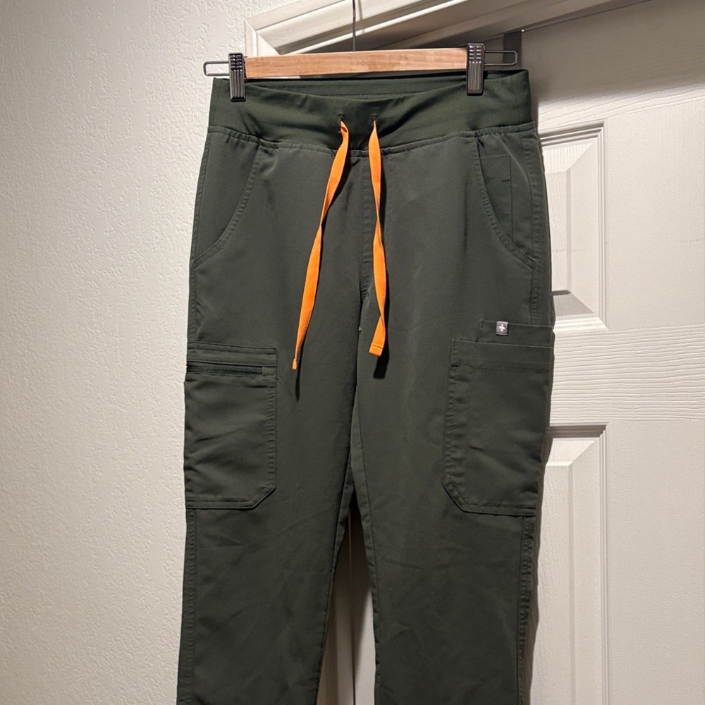 Figs Green Scrub Pants with Orange Drawstring